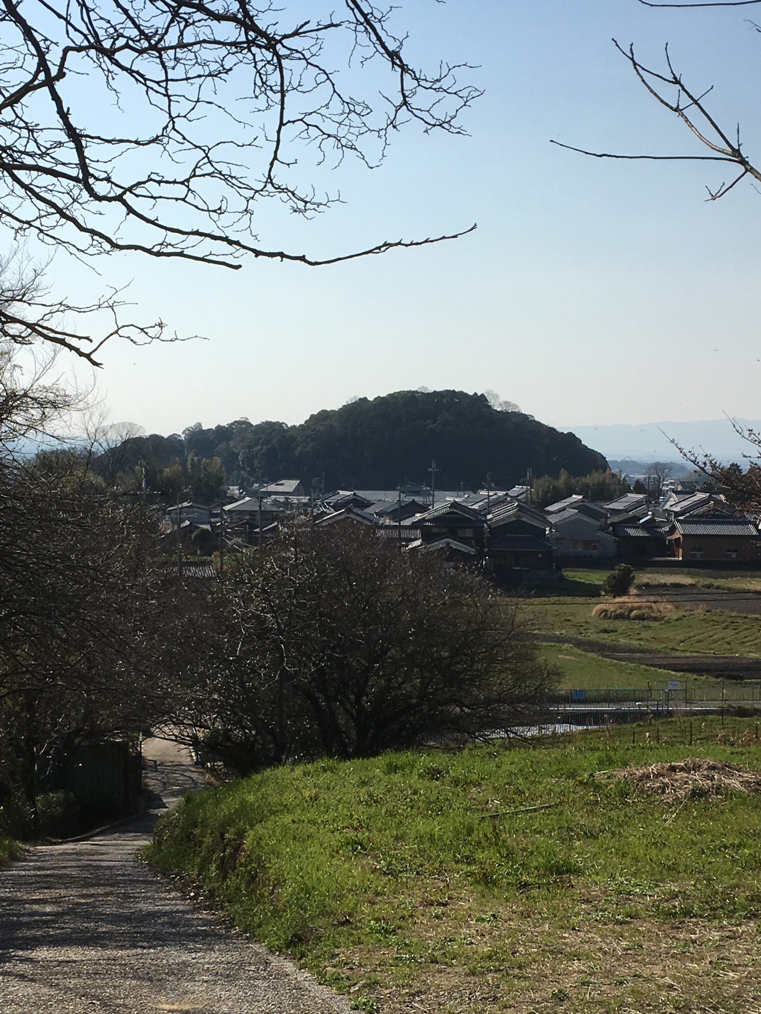 rural Japanese neighborhood with kofun in the distance 