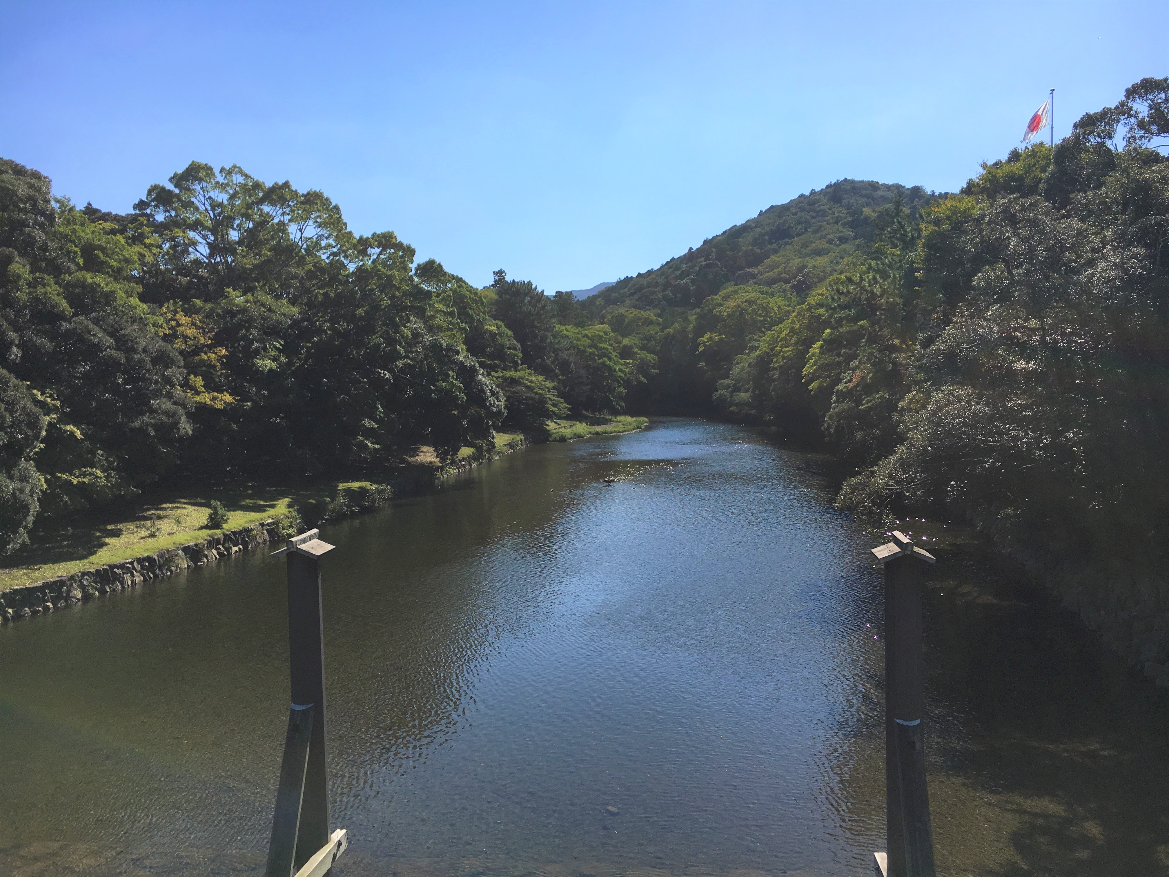 The Isuzugawa River near Ise jingus naiku on a sunny way with lush green trees