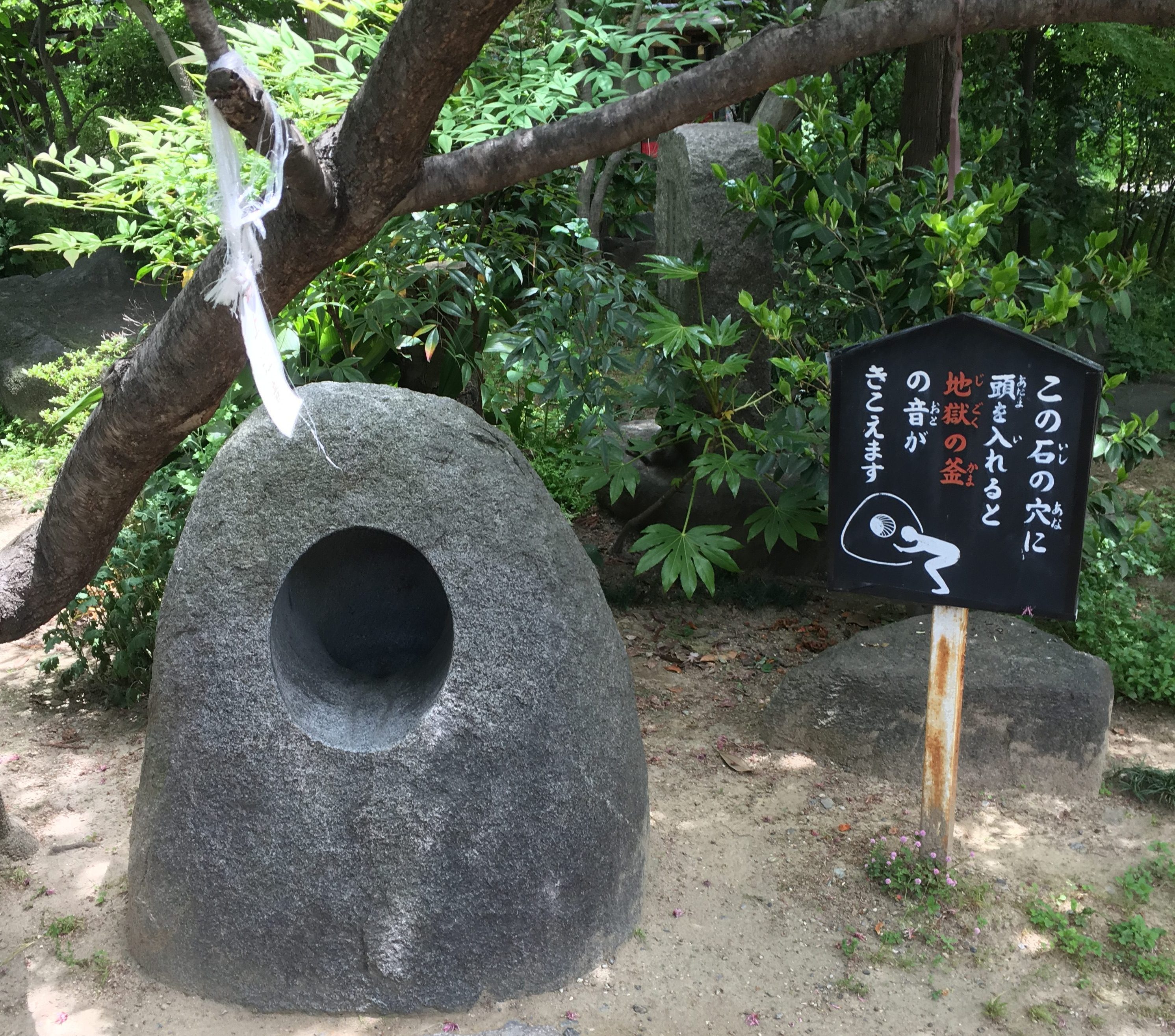 large stone with a large hole in the middle of it at Senko-ji temple surrounded by foilage