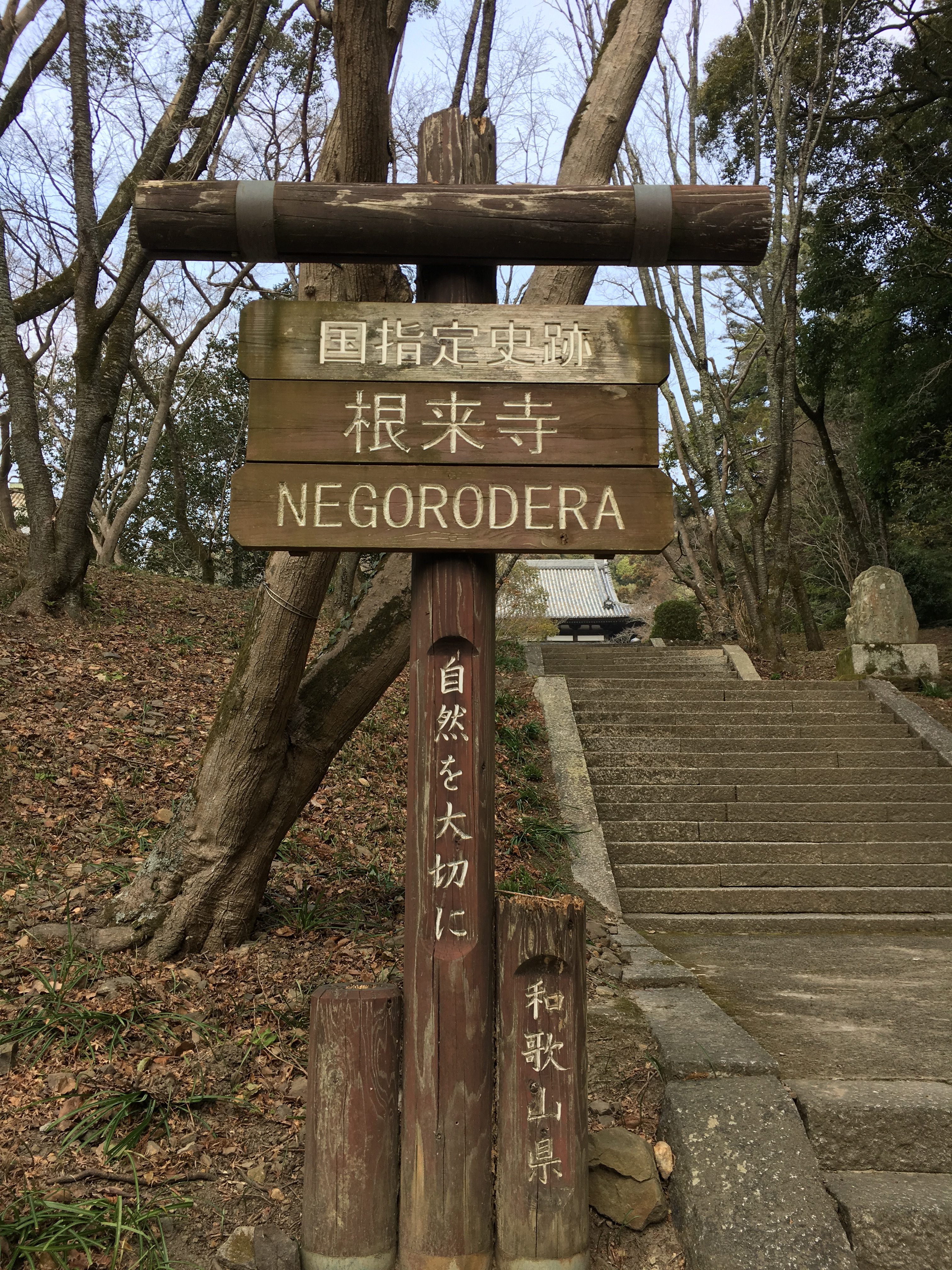 rustic wooden sign next to stone stairs that reads Negoeo-dera
