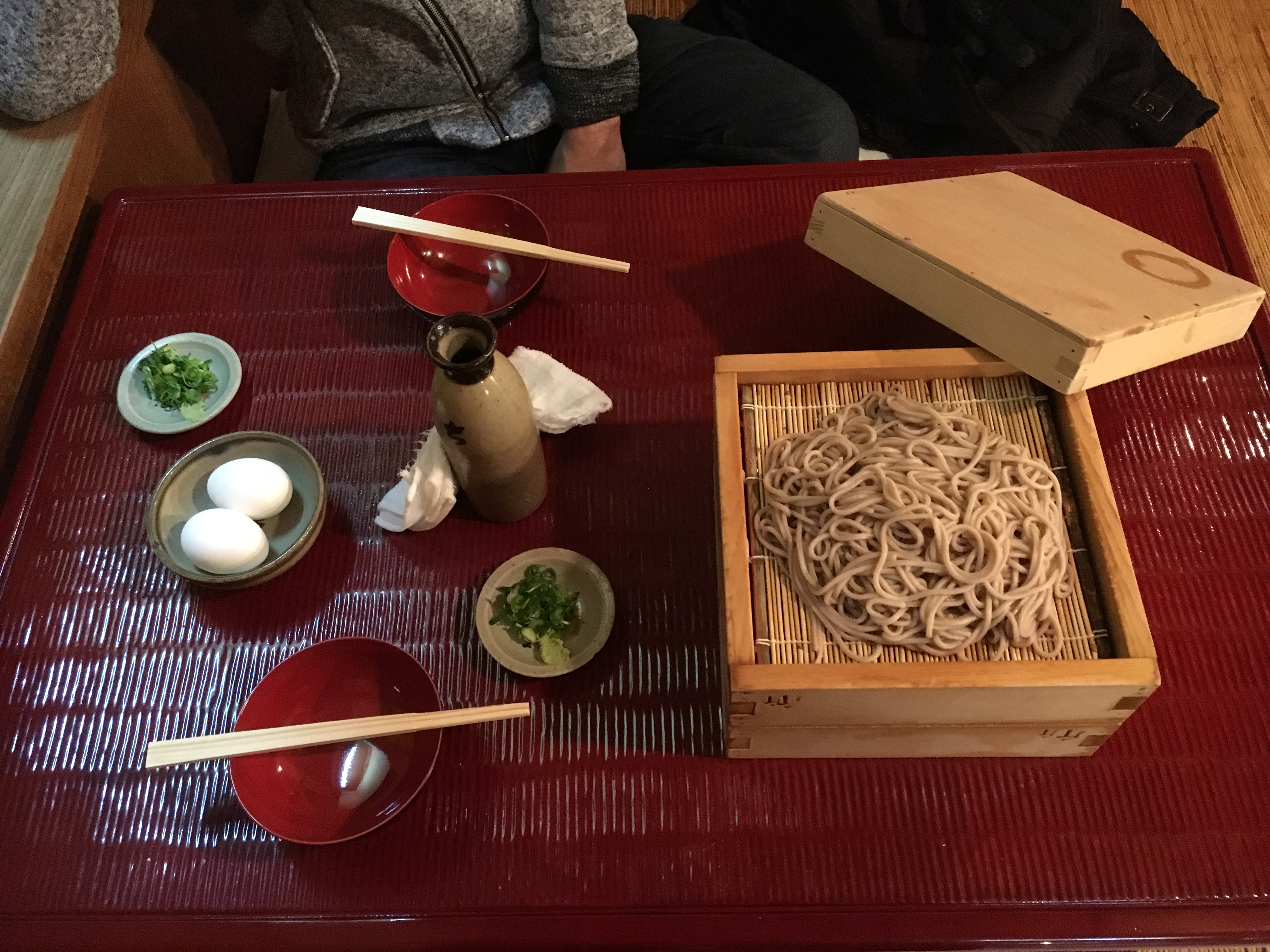 boxes containing steamed soba noodles at historic chikuma in sakai city