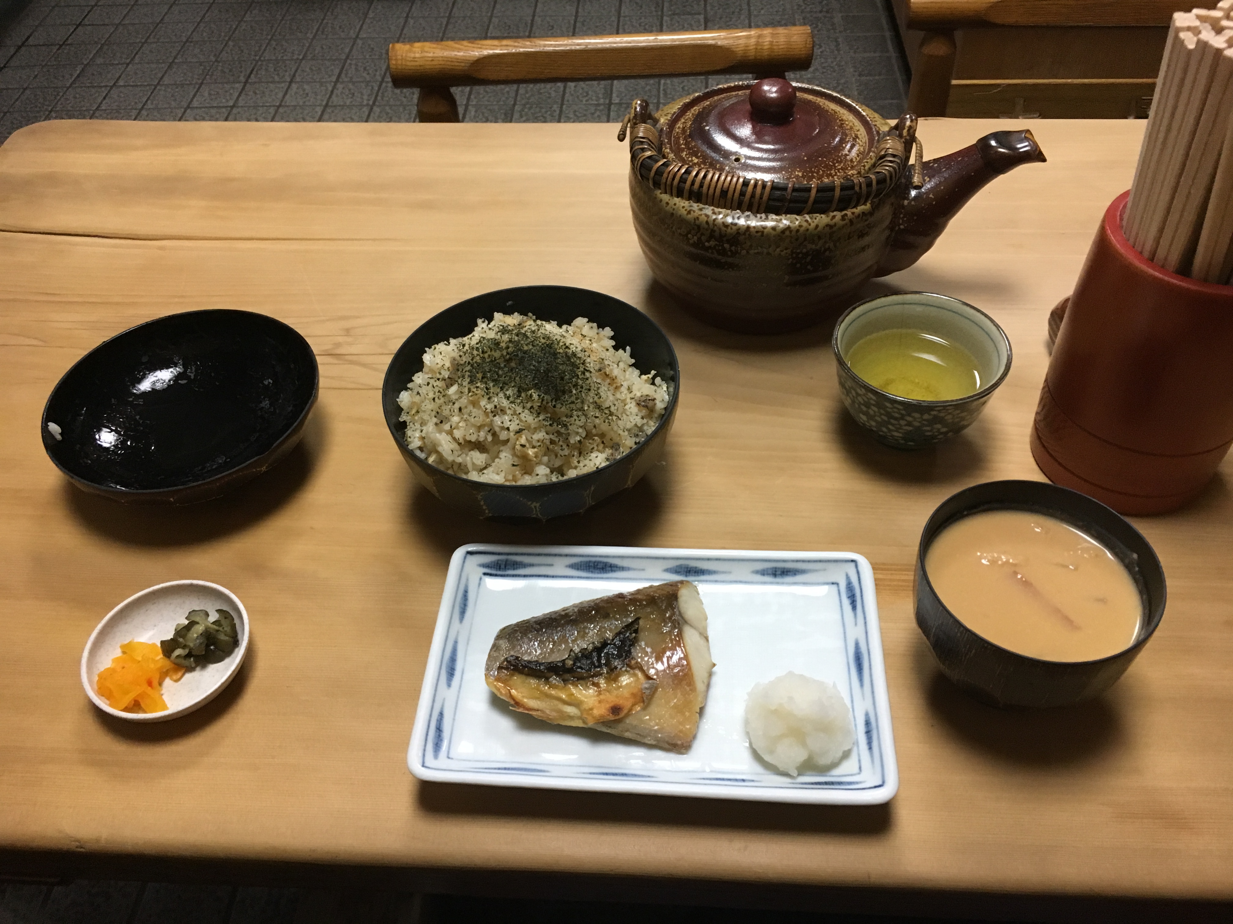 traditional Japanese meal of kayaku gohan, fish pickles and soup