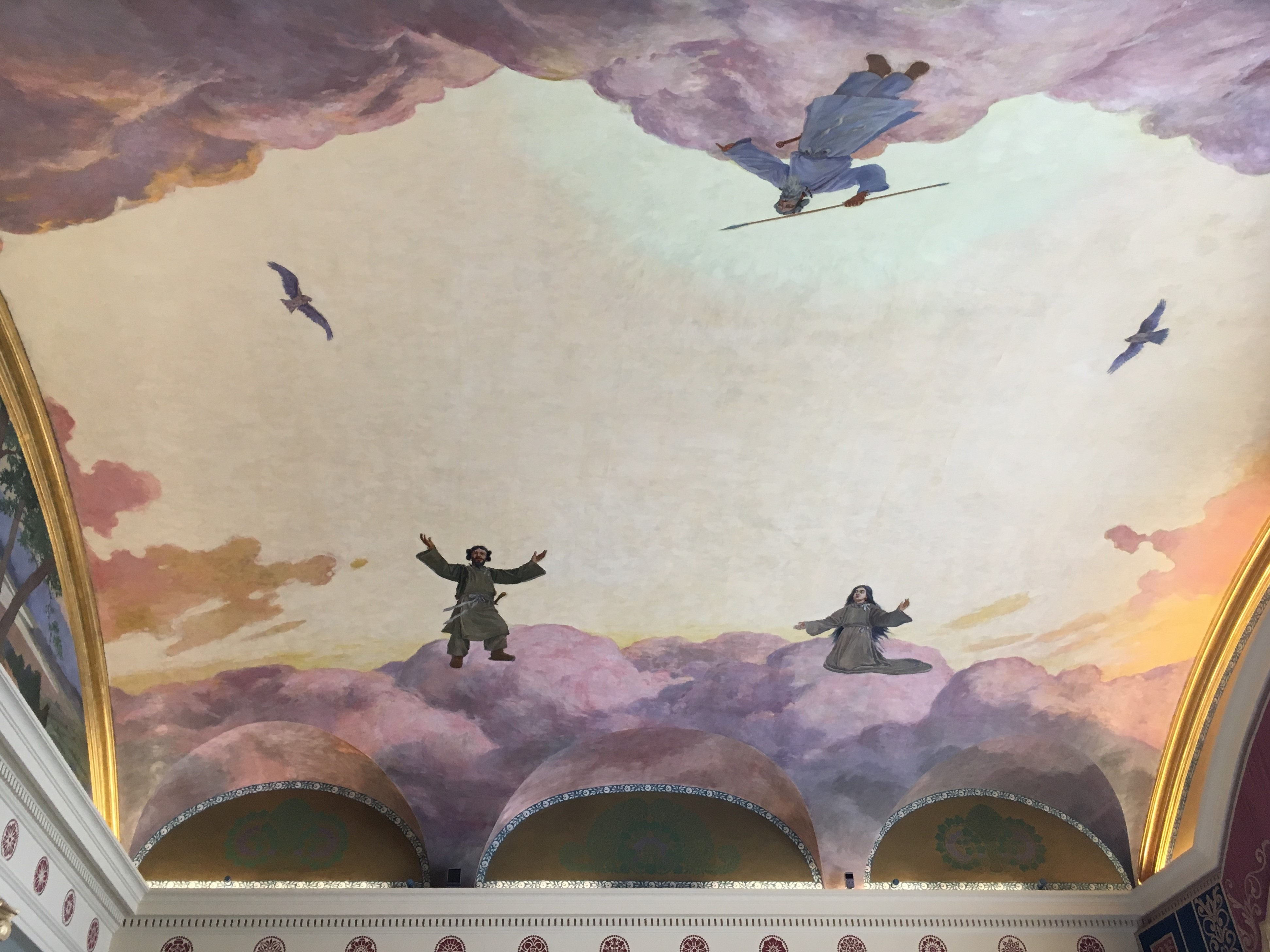 ceiling mural of the Japanese creation myth in whites and pastels 
