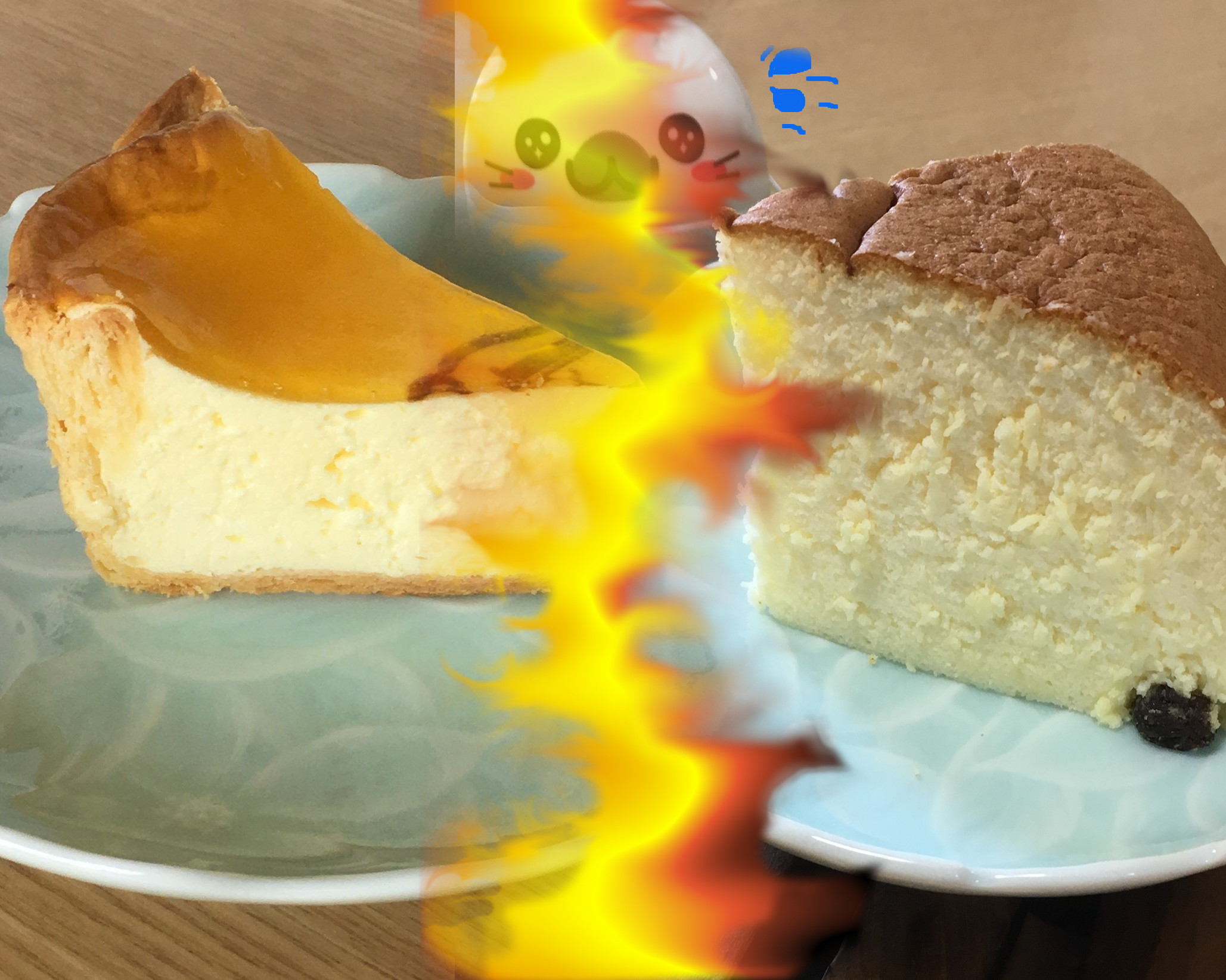 two cheesecakes in intense fiery battle