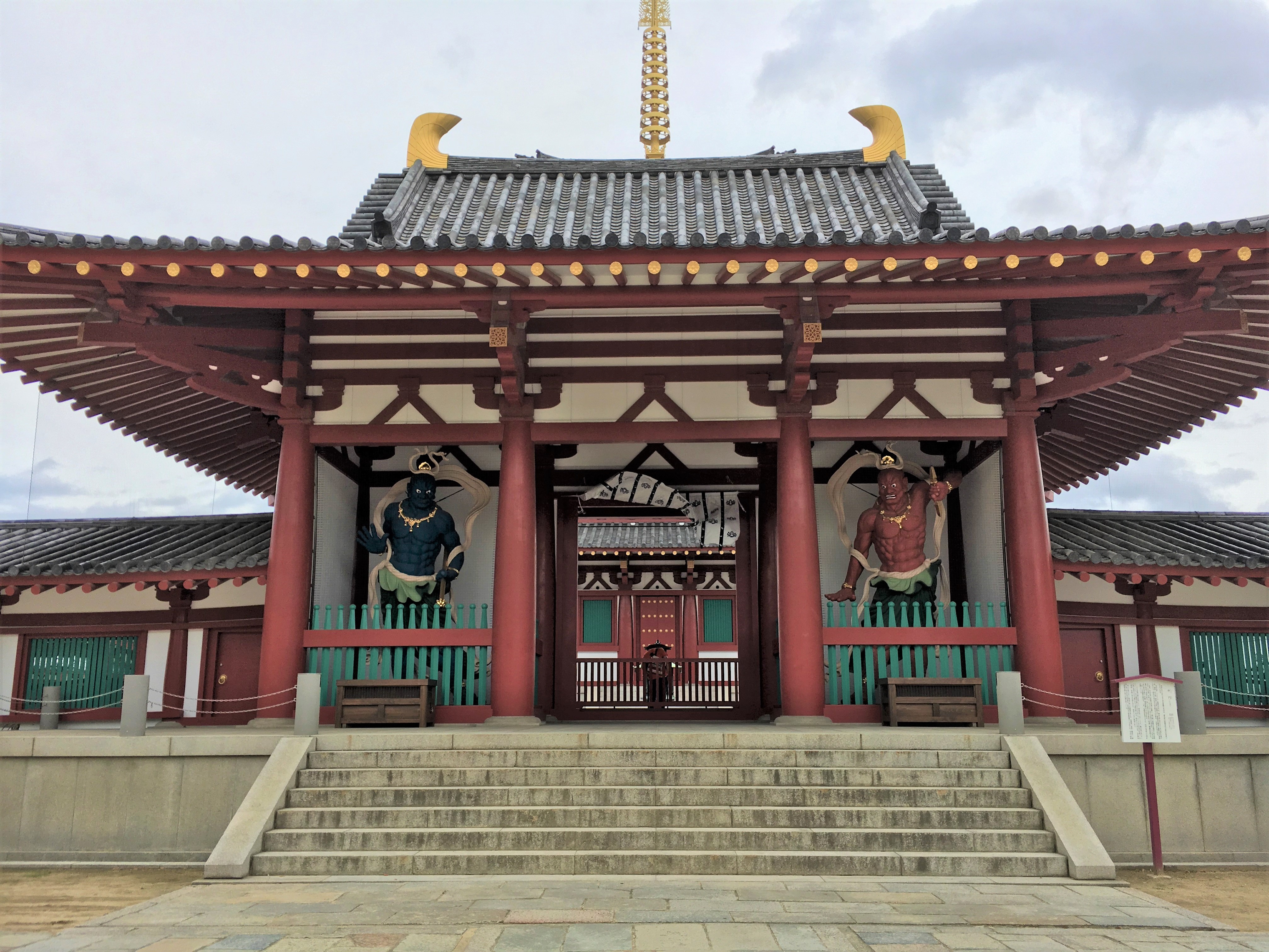 Chumon Gate of Shitenno-ji temple and irs bright red and blue nio statues