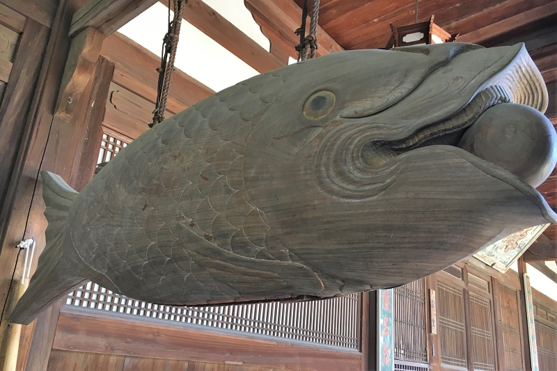 strange wooden fish shaped bell at manpuku-ji temple