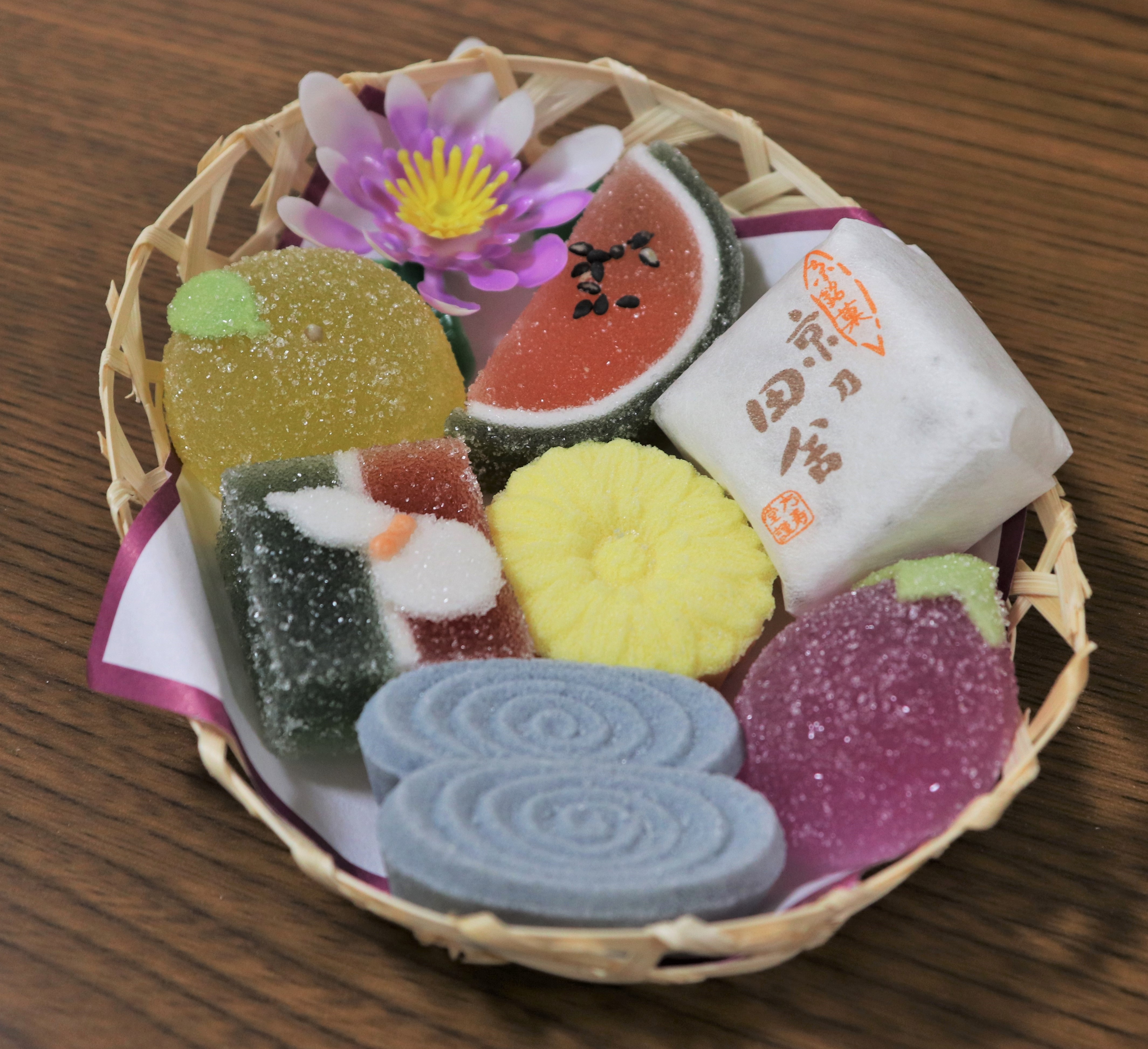 small bamboo basket of small candies shaped like various traditional obon foods