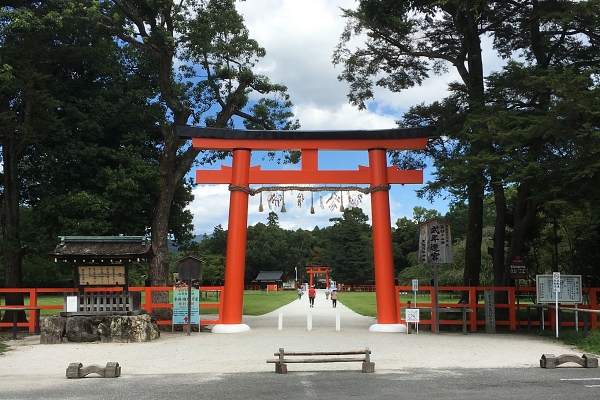 large vermilion torii of kamigamo shrine in kyoto