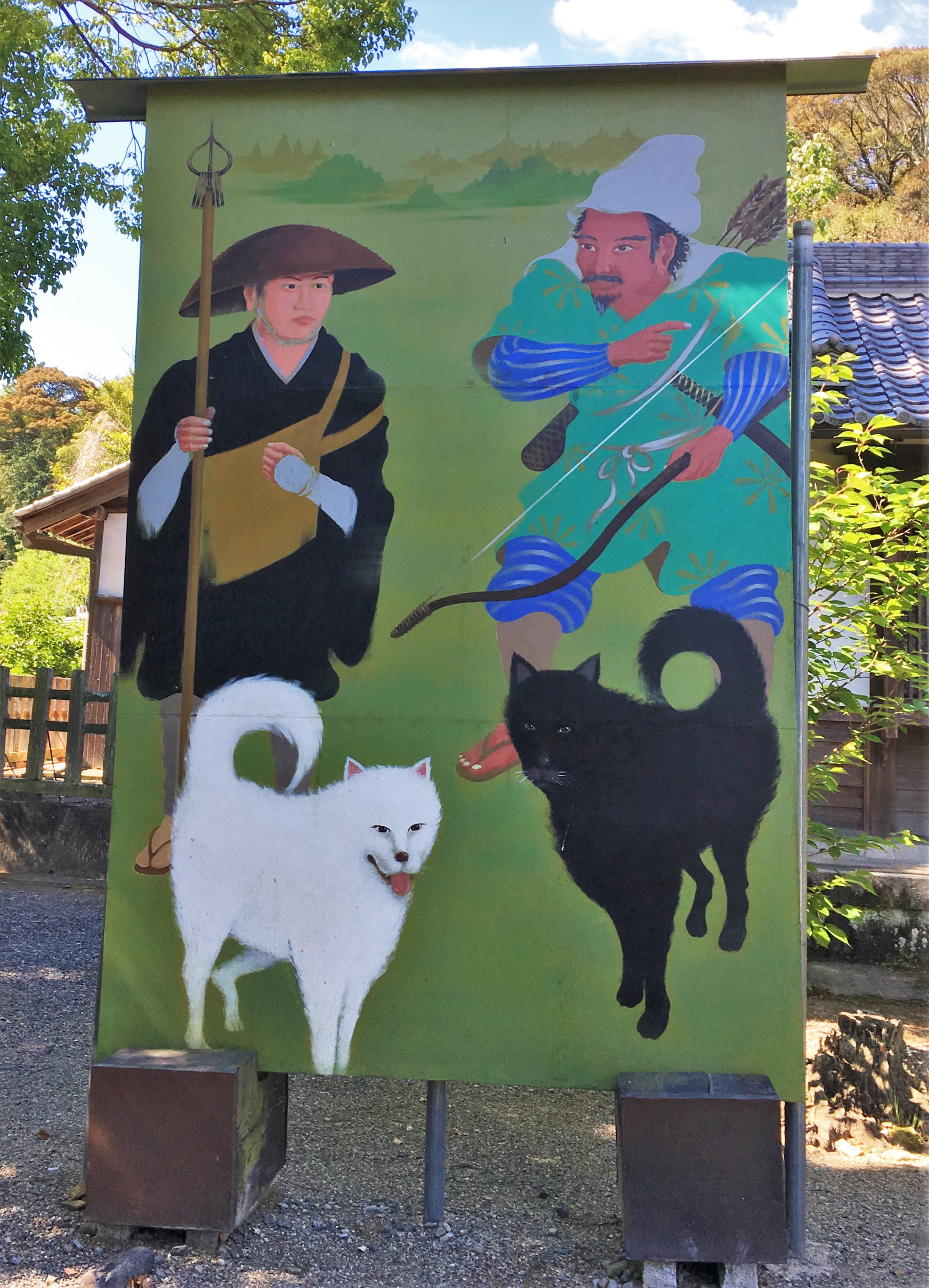 painting of the god koya and his two dogs guiding Kukai to Koyasan at Niu Kashofun Shrine