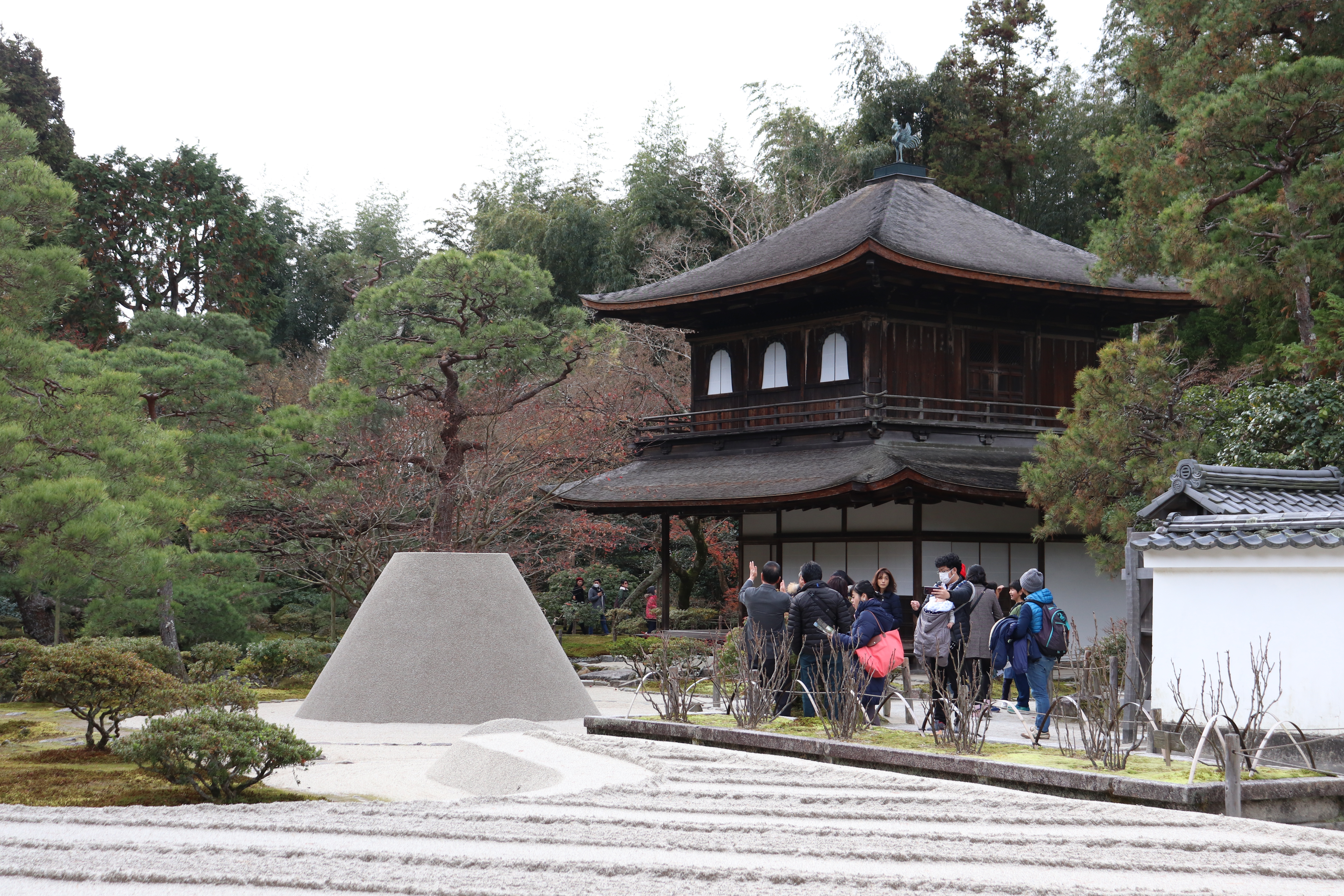 The ginkaku-ji with tourists and the famous rock garden in front 