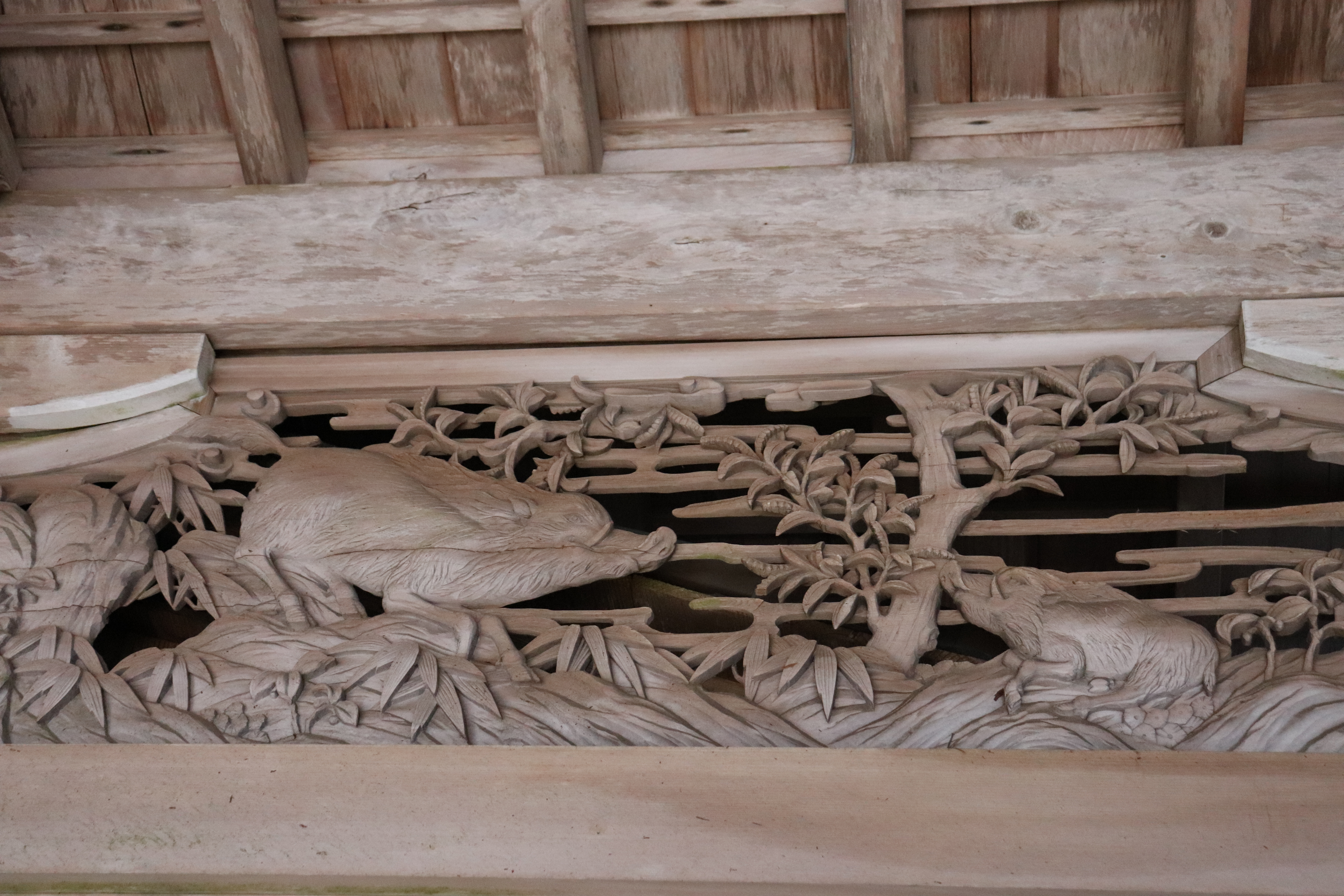 Boar carving in the honden of Atago Shrine