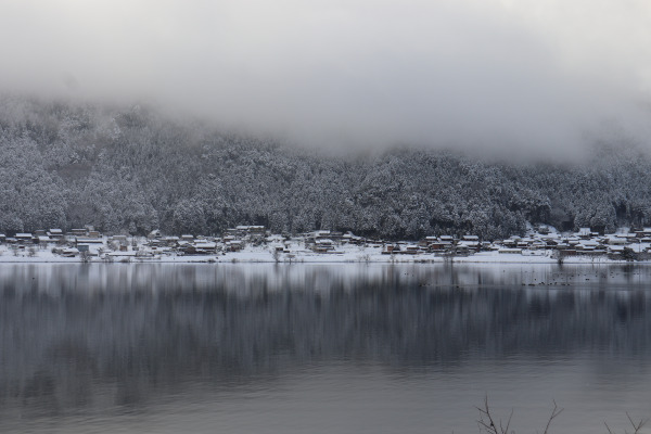 Snow covered Lake Yogo in Shiga Japan